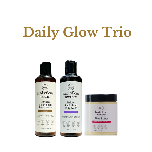 Daily Glow Trio - Strawberry & Vanilla Shea Butter + African Black Soap Facial Wash + Lavender Infused African Black Soap Body Wash